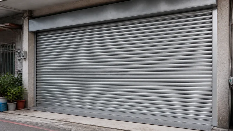 住宅騎樓的銀色電動鐵捲門，門片全關狀態