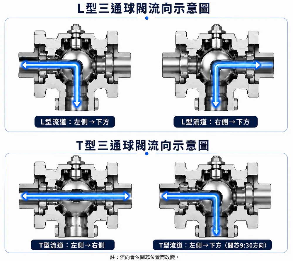L 型與 T 型三通球塞閥流向剖視圖:L 型左側→下方或右側→下方擇一切換,T 型左側→右側分流或左側→下方(閥芯 9:30 方向)