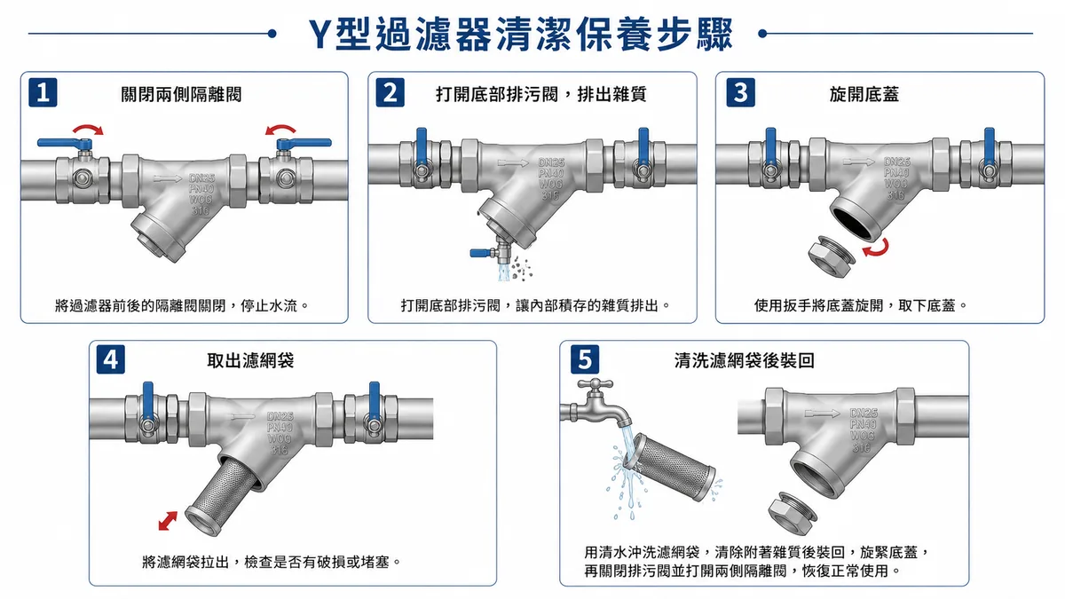Y 型過濾器清洗排污流程五步驟：關前後閥、開排污閥、旋開底蓋、抽出濾網沖洗、復位回壓