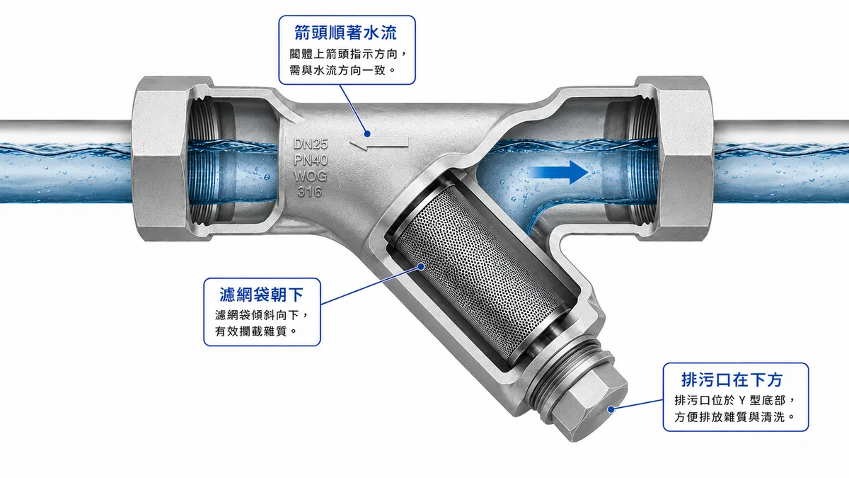 不鏽鋼 Y 型過濾器安裝方向示意：箭頭順著水流、濾網袋朝下、六角排污塞在斜邊末端